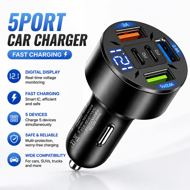 Travel Plug Type C - 아이폰, 삼성, 화웨이용 5포트 차량용 충전기,