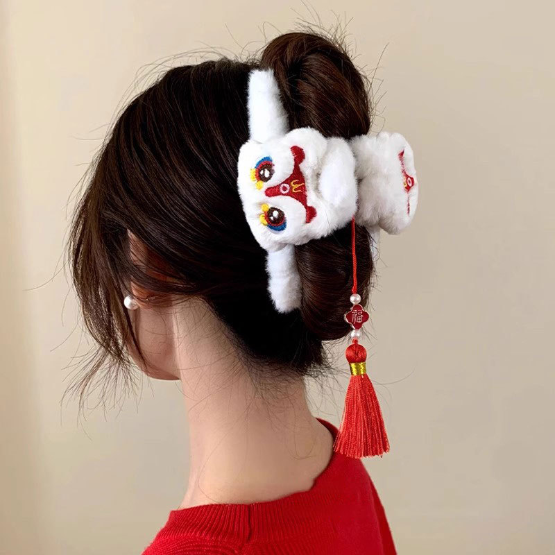 1개 사자춤 장식 새해 플러시 헤어 클립 여성용 빨간  - Travel Accessories Aesthetic 리뷰 및 가격